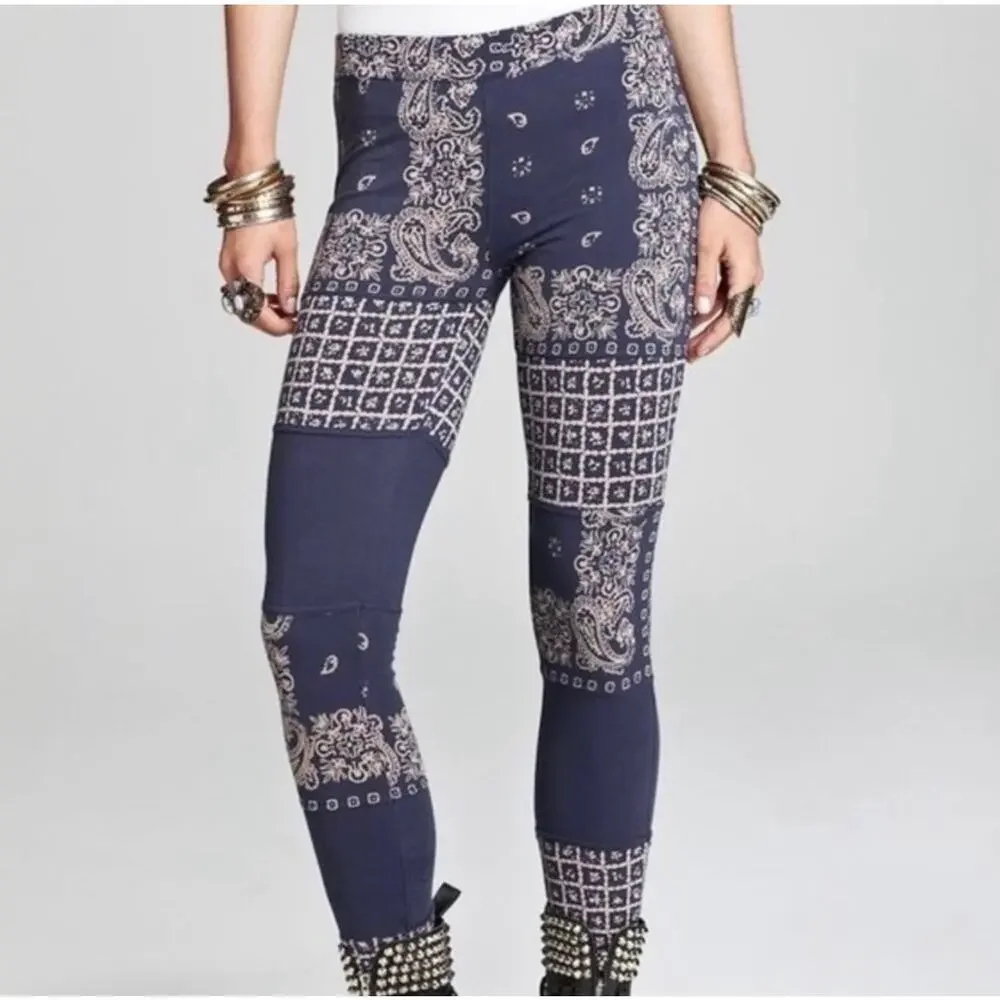 Free People Bandana Patchwork Leggings Boho Paisley Print Pants Size L